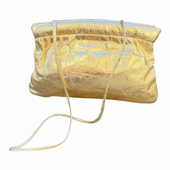 Vintage Gold Metallic Ruched Clutch Bags by Hala USA Eye Catching Evening Purse - Picture 9 of 16